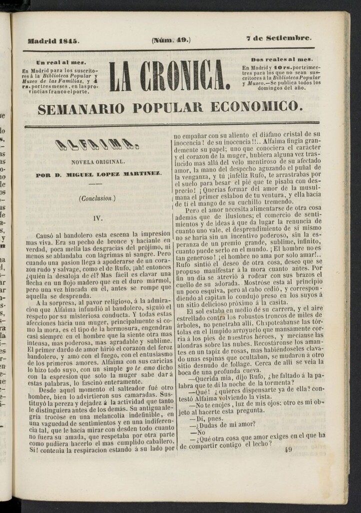 Miniatura de La Crónica: semanario popular económico del 7 de septiembre de 1845, nº 49