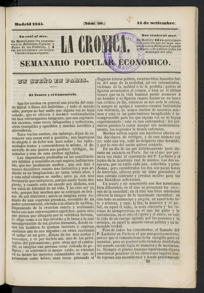 Miniatura de La Crónica: semanario popular económico del 14 de septiembre de 1845, nº 50