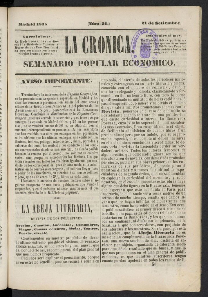 Miniatura de La Crónica: semanario popular económico del 21 de septiembre de 1845, nº 51