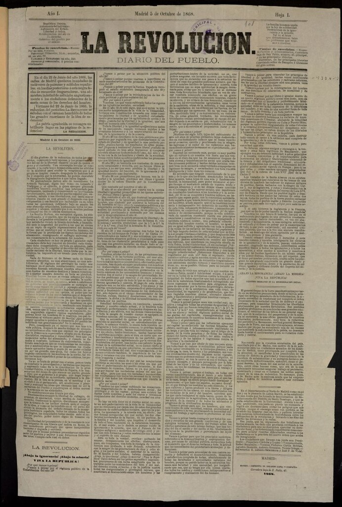 Miniatura de La Revolución: diario del pueblo del 5 de octubre de 1868