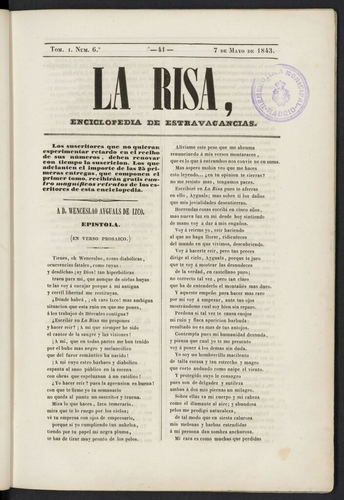Miniatura de La risa: enciclopedia de estravagancias del 7 de mayo de 1843, nº 6