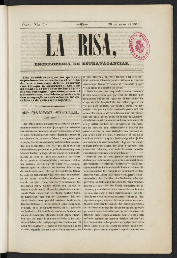 Miniatura de La risa: enciclopedia de estravagancias del 28 de mayo de 1843, nº 9