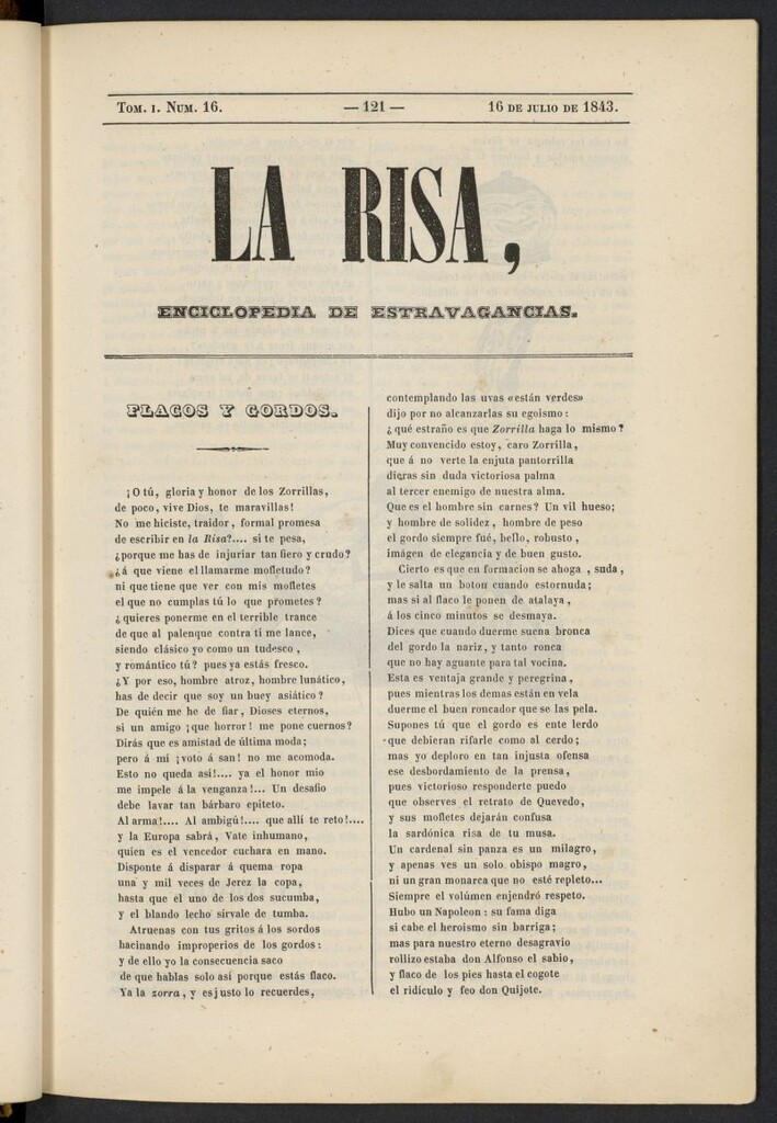Miniatura de La risa: enciclopedia de estravagancias del 16 de julio de 1843, nº 16