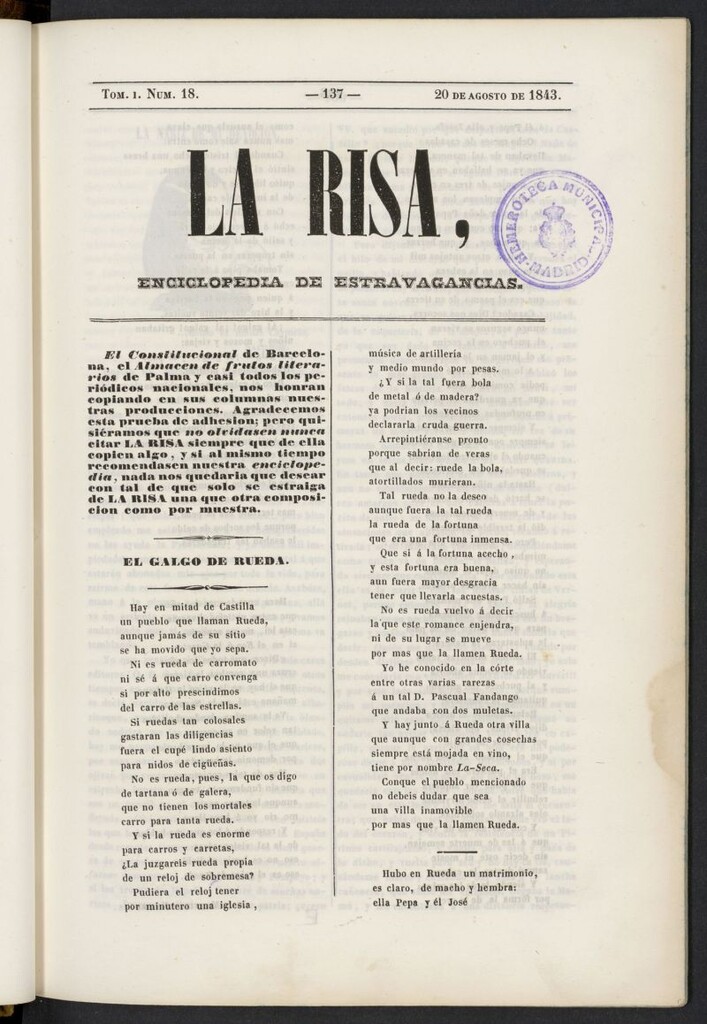 Miniatura de La risa: enciclopedia de estravagancias del 20 de agosto de 1843, nº 18