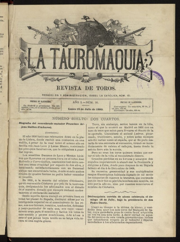Miniatura de La Tauromaquia: periódico semanal del 19 de julio 1880, nº 16