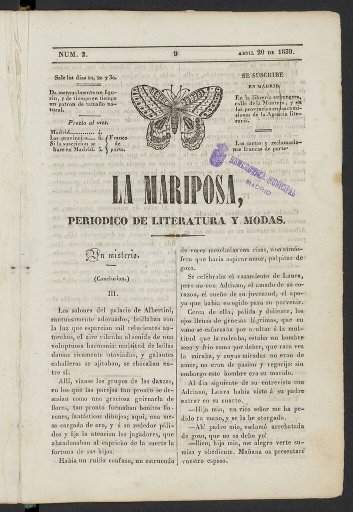Miniatura de La Mariposa: periódico de literatura y modas del 20 de abril de 1839, nº 2