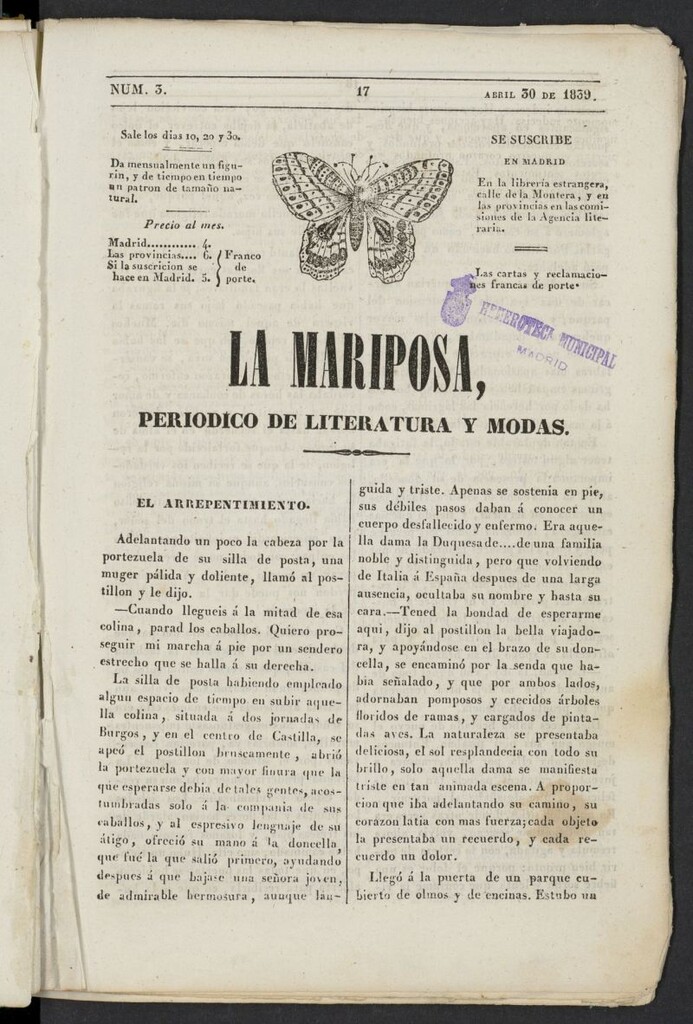 Miniatura de La Mariposa: periódico de literatura y modas del 30 de abril de 1839, nº 3