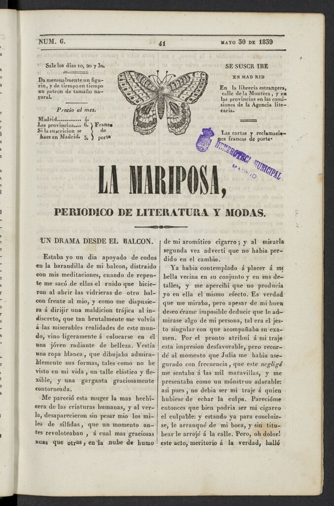 Miniatura de La Mariposa: periódico de literatura y modas del 30 de mayo de 1839, nº 6