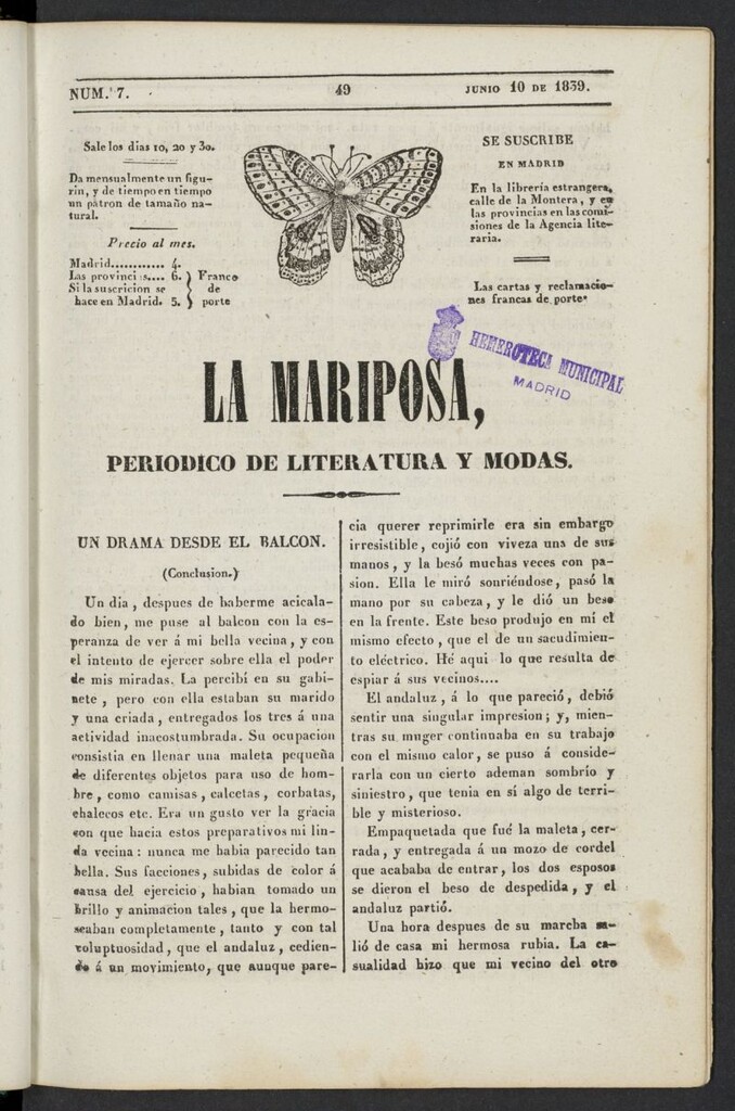 Miniatura de La Mariposa: periódico de literatura y modas del 10 de junio de 1839, nº 7