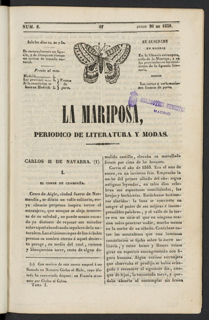 Miniatura de La Mariposa: periódico de literatura y modas del 20 de junio de 1839, nº 8
