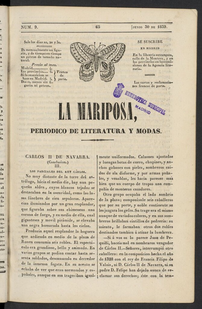 Miniatura de La Mariposa: periódico de literatura y modas del 30 de junio de 1839, nº 9