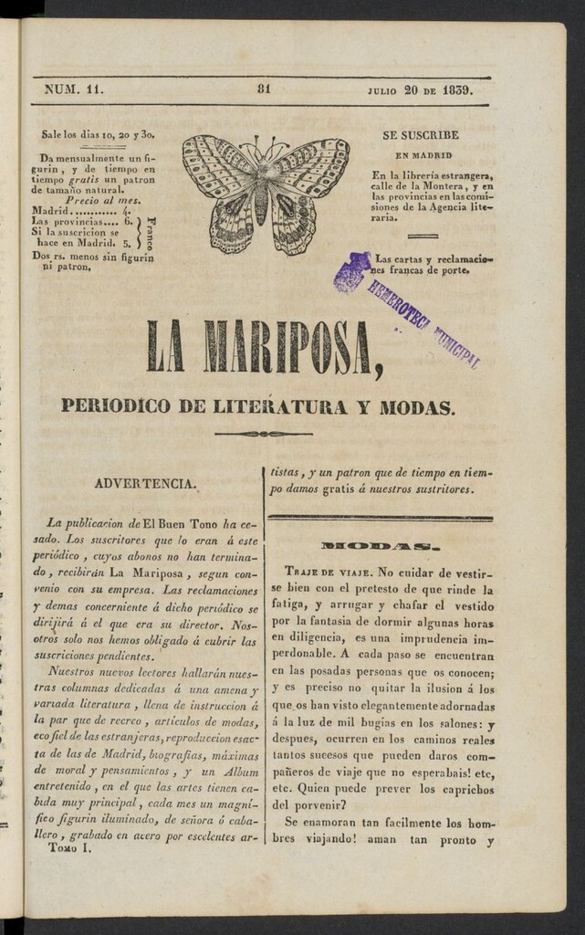 Miniatura de La Mariposa: periódico de literatura y modas del 20 de julio de 1839, nº 11