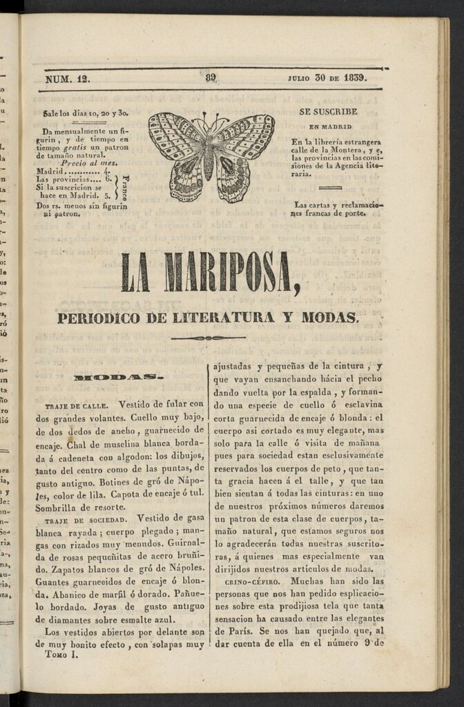 Miniatura de La Mariposa: periódico de literatura y modas del 30 de julio de 1839, nº 12