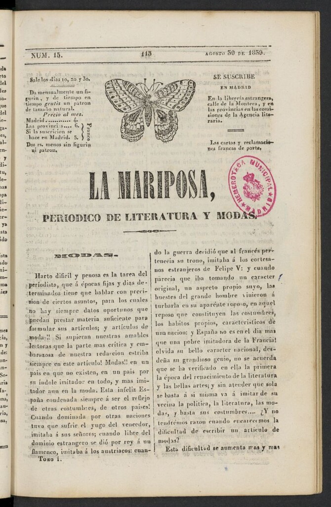 Miniatura de La Mariposa: periódico de literatura y modas del 30 de agosto de 1839, nº 15