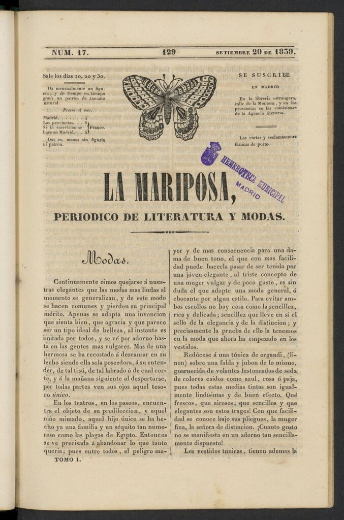 Miniatura de La Mariposa: periódico de literatura y modas del 20 de septiembre de 1839, nº 17