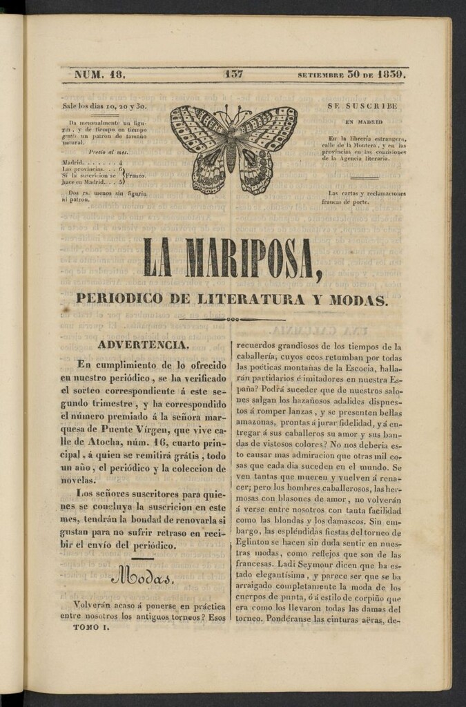 Miniatura de La Mariposa: periódico de literatura y modas del 30 de septiembre de 1839, nº 18