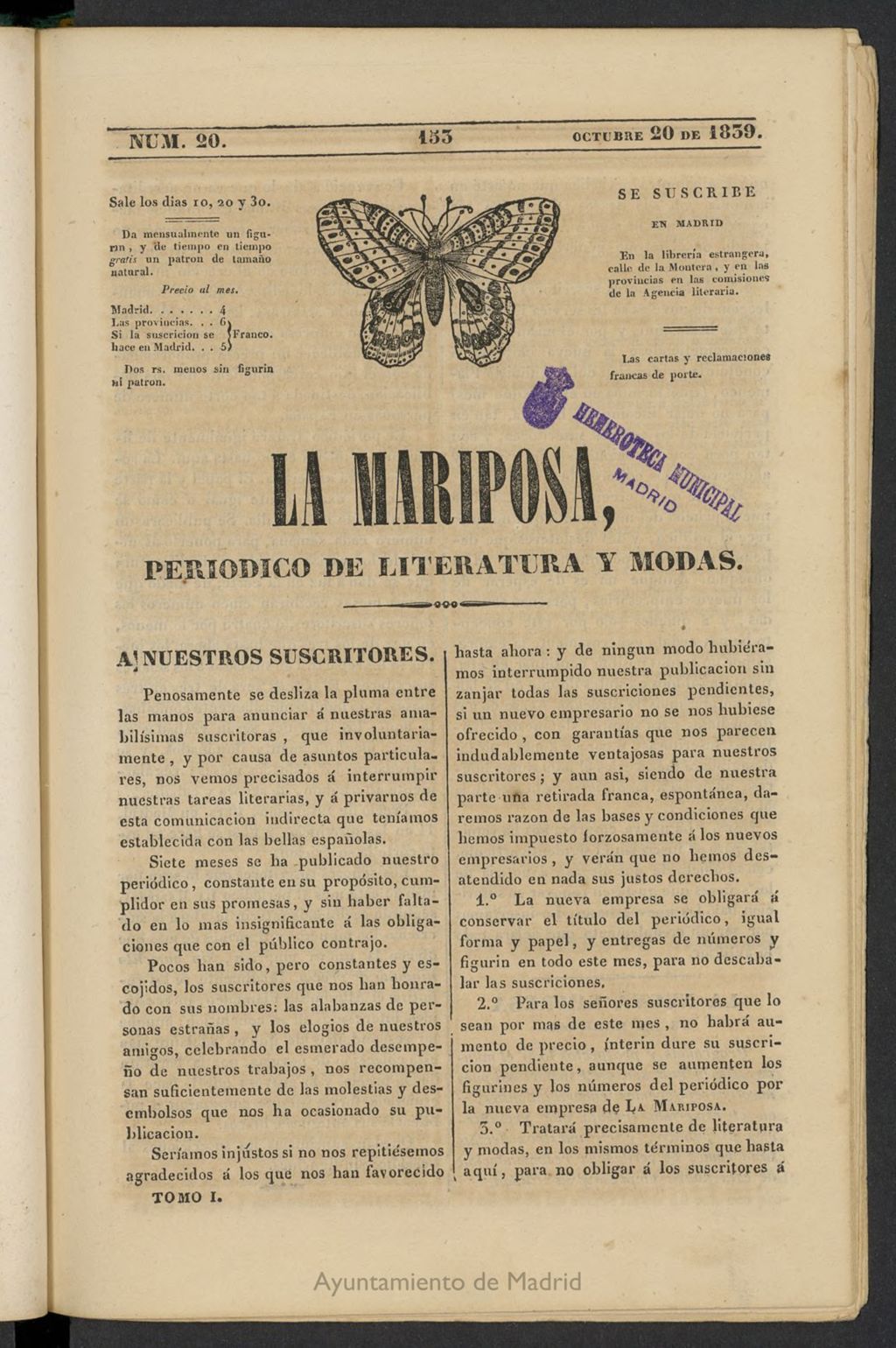 Miniatura de La Mariposa: periódico de literatura y modas del 20 de octubre de 1839, nº 20