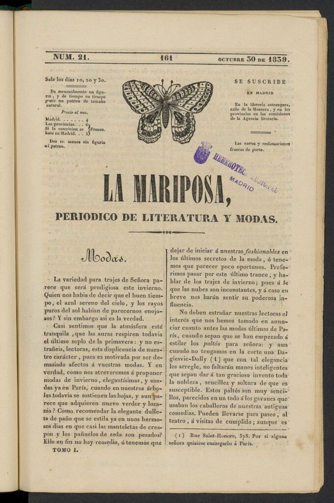 Miniatura de La Mariposa: periódico de literatura y modas del 30 de octubre de 1839, nº 21
