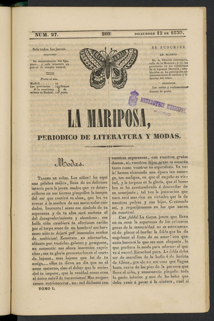 Miniatura de La Mariposa: periódico de literatura y modas del 12 de diciembre de 1839, nº 27
