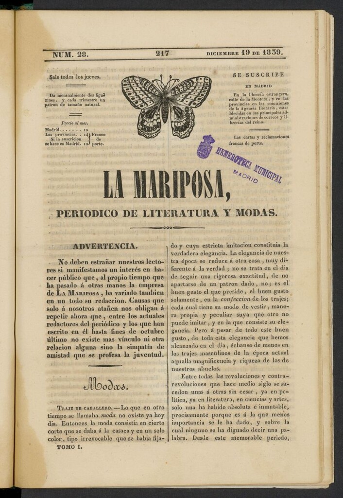Miniatura de La Mariposa: periódico de literatura y modas del 19 de diciembre de 1839, nº 28