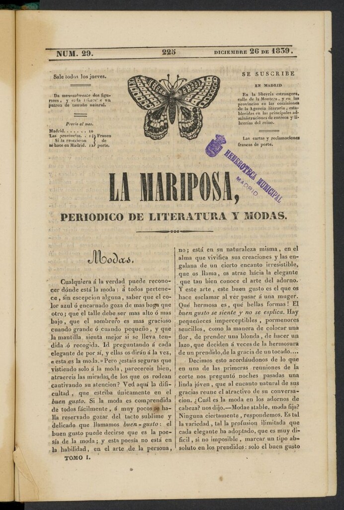 Miniatura de La Mariposa: periódico de literatura y modas del 26 de diciembre de 1839, nº 29