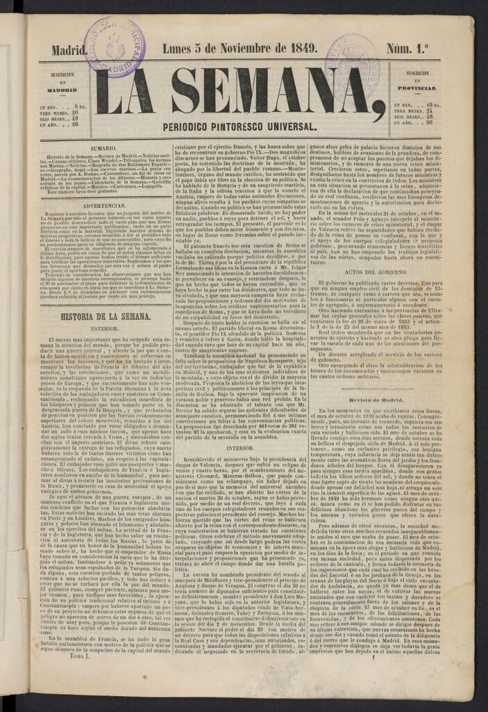 Miniatura de La Semana: periódico pintoresco universal del 5 de noviembre de 1849, nº 1