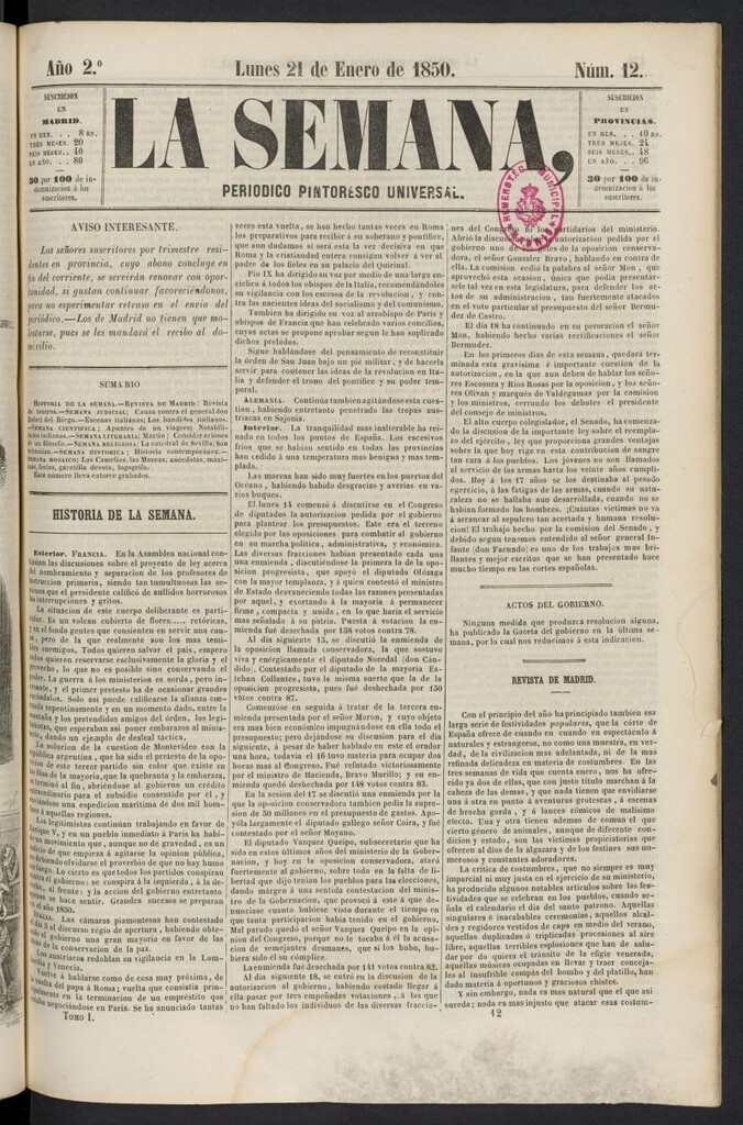Miniatura de La Semana: periódico pintoresco universal del 21 de enero de 1850, nº 12