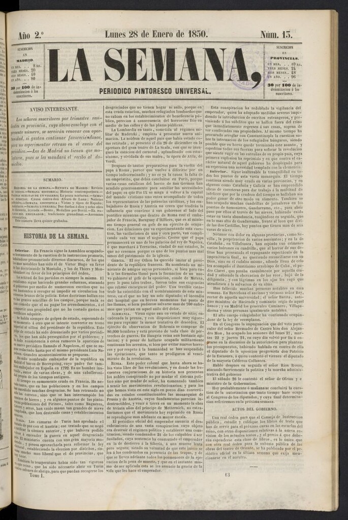 Miniatura de La Semana: periódico pintoresco universal del 28 de enero de 1850, nº 13