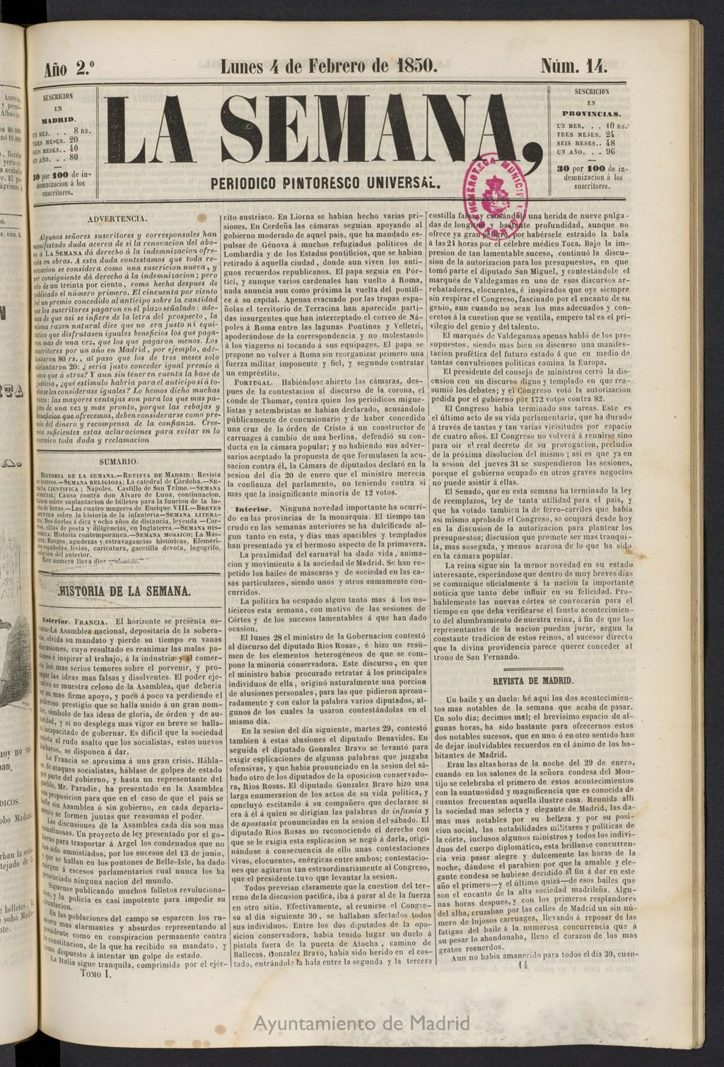 Miniatura de La Semana: periódico pintoresco universal del 4 de febrero de 1850, nº 14