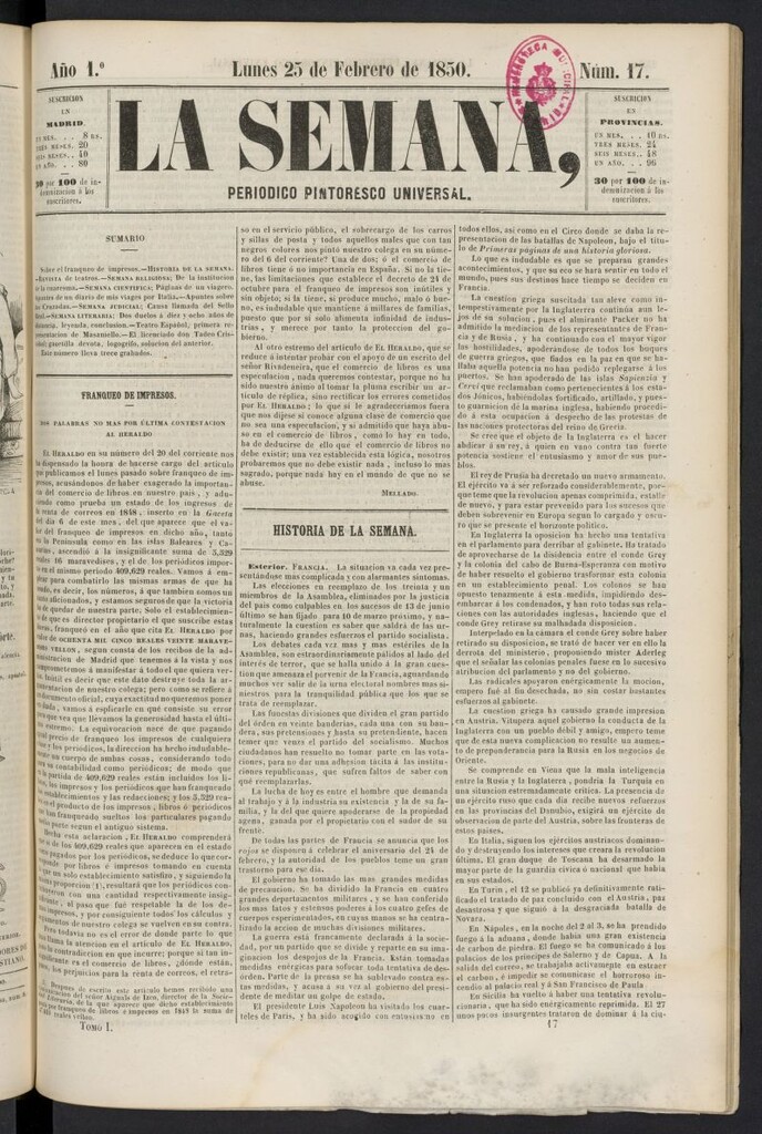 Miniatura de La Semana: periódico pintoresco universal del 25 de febrero de 1850, nº 17