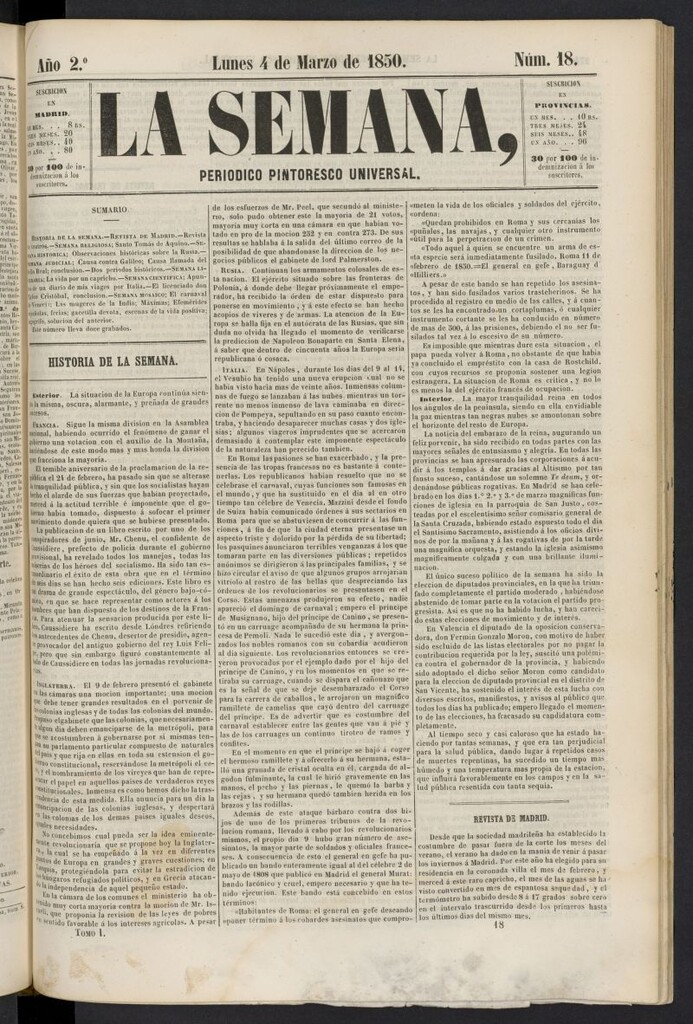 Miniatura de La Semana: periódico pintoresco universal del 4 de marzo de 1850, nº 18