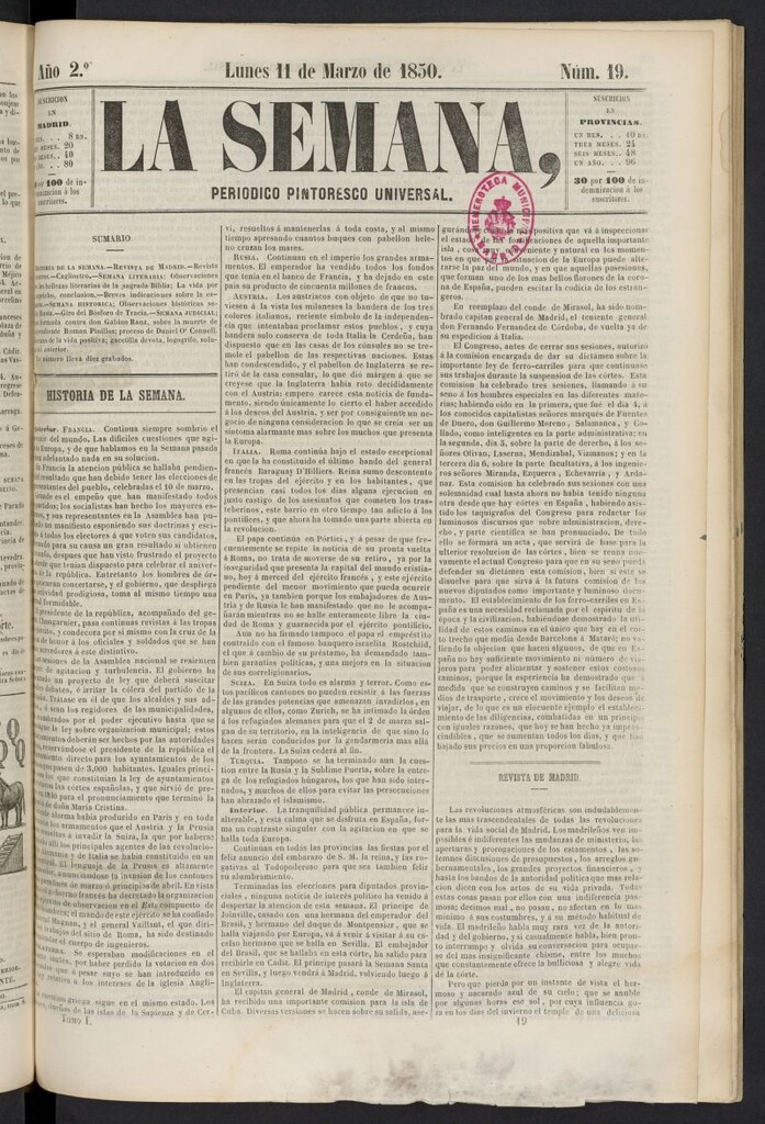Miniatura de La Semana: periódico pintoresco universal del 11 de marzo de 1850, nº 19