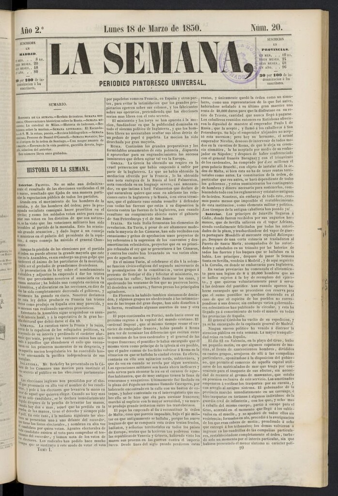 Miniatura de La Semana: periódico pintoresco universal del 18 de marzo de 1850, nº 20