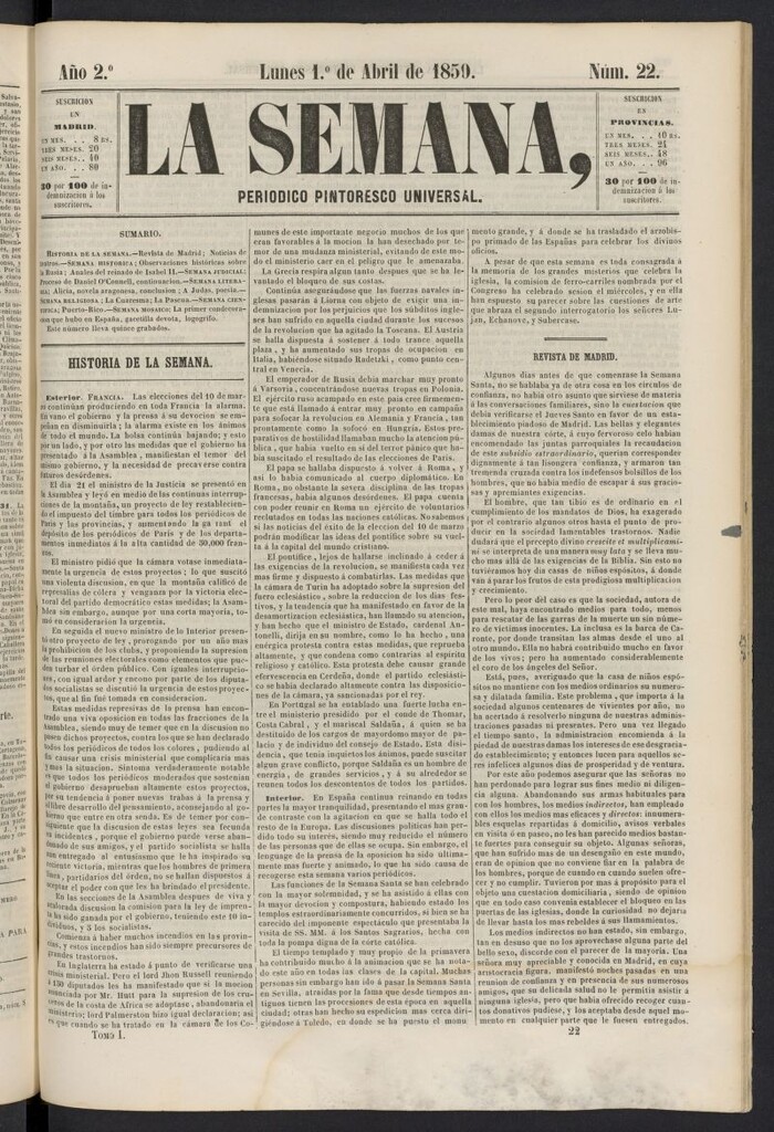 Miniatura de La Semana: periódico pintoresco universal del 1 de abril de 1850, nº 22