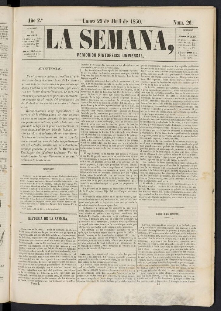 Miniatura de La Semana: periódico pintoresco universal del 29 de abril de 1850, nº 26