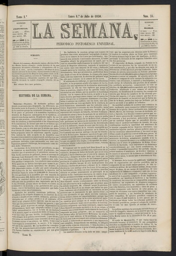 Miniatura de La Semana: periódico pintoresco universal del 1 de julio de 1850, nº 35