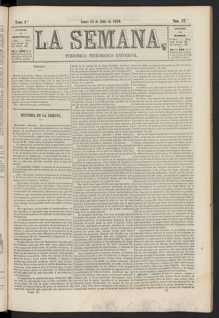 Miniatura de La Semana: periódico pintoresco universal del 15 de julio de 1850, nº 37