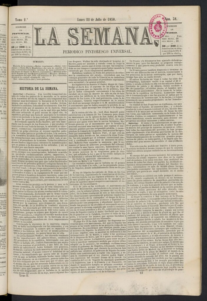 Miniatura de La Semana: periódico pintoresco universal del 22 de julio de 1850, nº 38