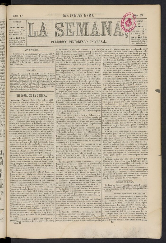 Miniatura de La Semana: periódico pintoresco universal del 29 de julio de 1850, nº 39