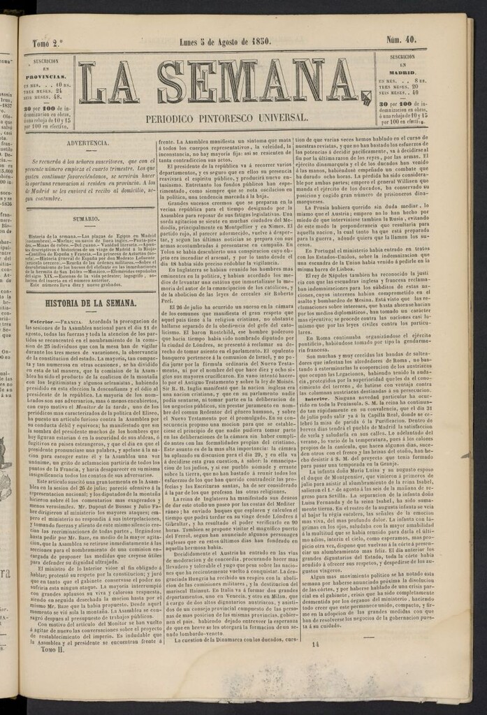 Miniatura de La Semana: periódico pintoresco universal del 5 de agosto de 1850, nº 40