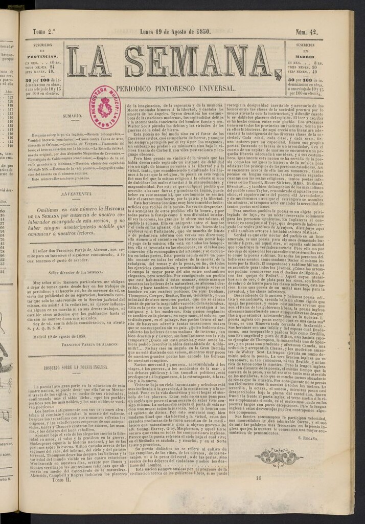 Miniatura de La Semana: periódico pintoresco universal del 19 de agosto de 1850, nº 42