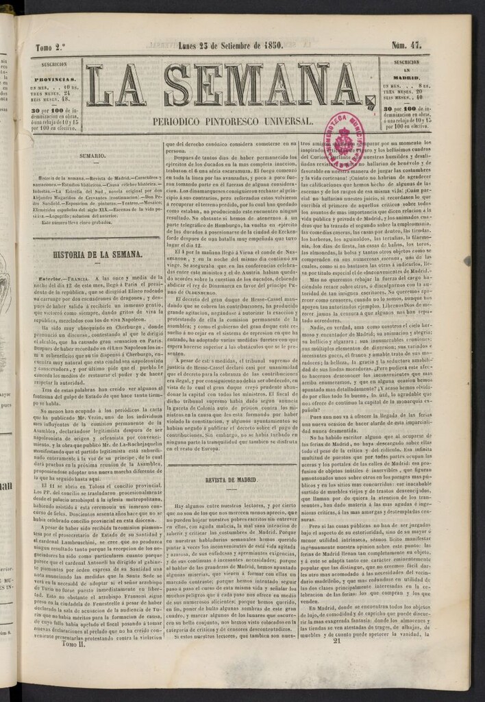 Miniatura de La Semana: periódico pintoresco universal del 23 de septiembre de 1850, nº 47