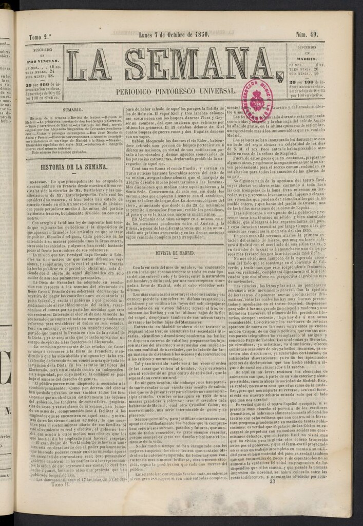 Miniatura de La Semana: periódico pintoresco universal del 7 de octubre de 1850, nº 49