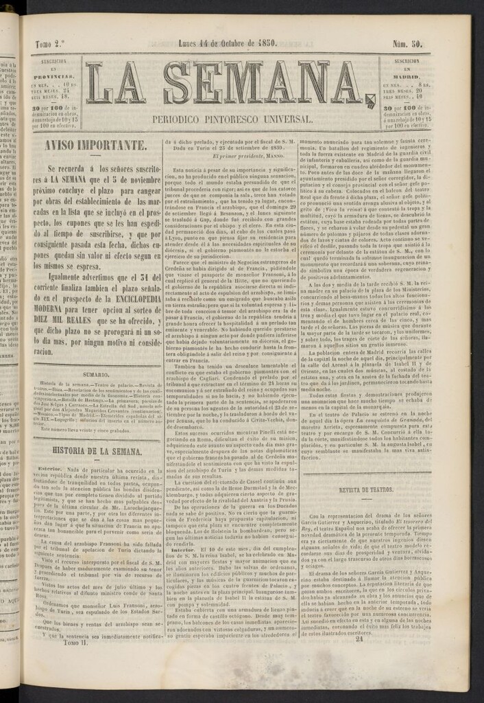 Miniatura de La Semana: periódico pintoresco universal del 14 de octubre de 1850, nº 50