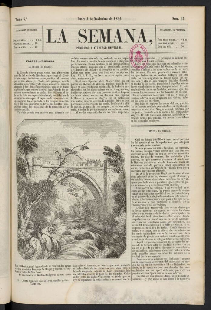 Miniatura de La Semana: periódico pintoresco universal del 4 de noviembre de 1850, nº 53