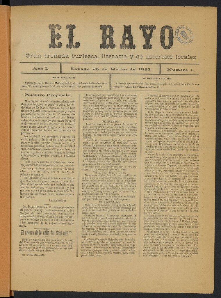 Miniatura de El Rayo (Huesca, 1893) del 25 de marzo de 1893