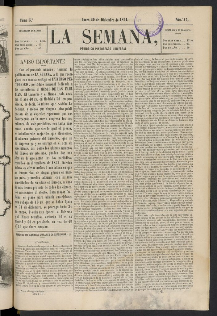 Miniatura de La Semana: periódico pintoresco universal del 29 de diciembre de 1851, nº 113