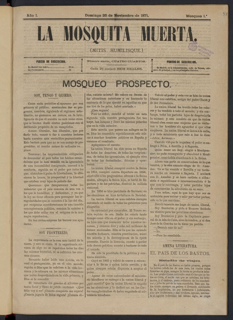 Miniatura de La Mosquita Muerta: (mitis humilisque) del 26 de noviembre de 1871, mosqueo 1