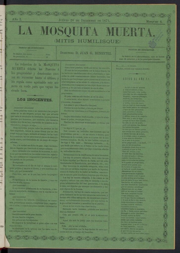Miniatura de La Mosquita Muerta: (mitis humilisque) del 28 de diciembre de 1871, mosqueo 6