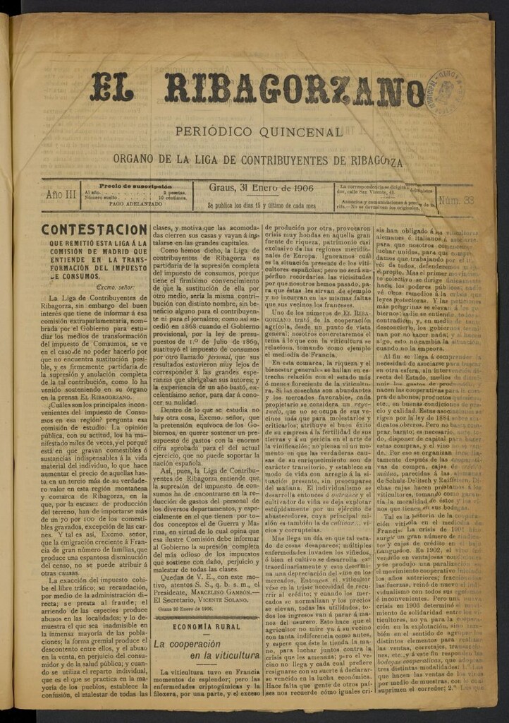 Miniatura de El ribagorzano: periódico quincenal del 31 de enero de 1906
